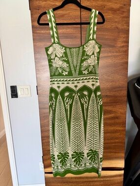 FARM Rio Green and Cream Tropical Knit Midi Dress